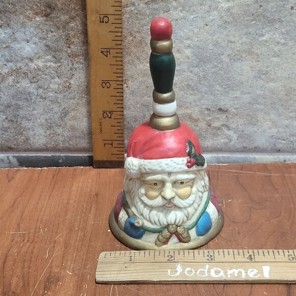Vintage Santa Claus Handheld Bell Wood Handle Bisque Ceramic Christmas Decor - Picture 9 of 10